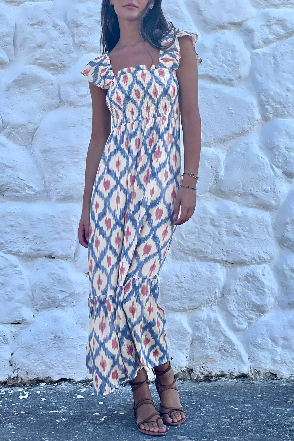 LivelyLooks Blue Ethnic Geometric Maxi Dress | Square Neck Smocked Waist Ruffle Sleeve women's fashion