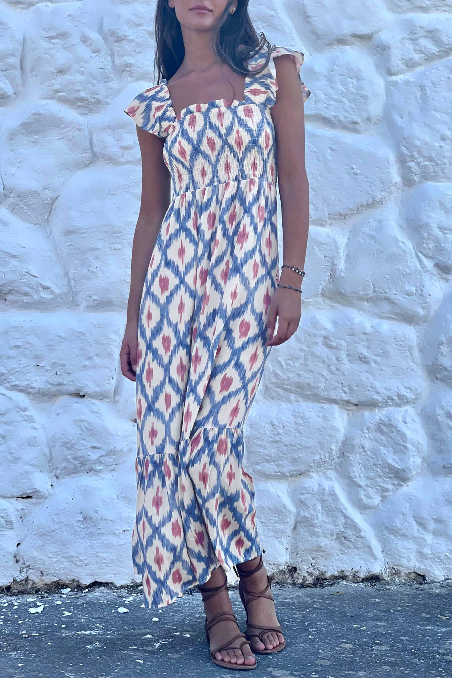 LivelyLooks Blue Ethnic Geometric Maxi Dress | Square Neck Smocked Waist Ruffle Sleeve women's fashion