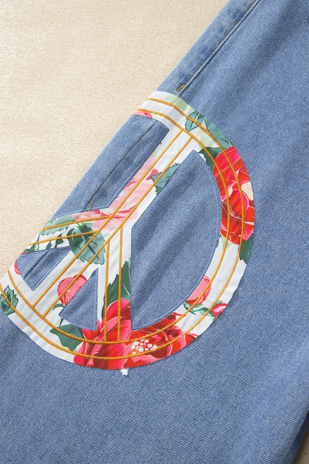 Blue Floral Peace Sign Embroidered Patch Wide Leg Jeans | Boho Denim | UK 4-14