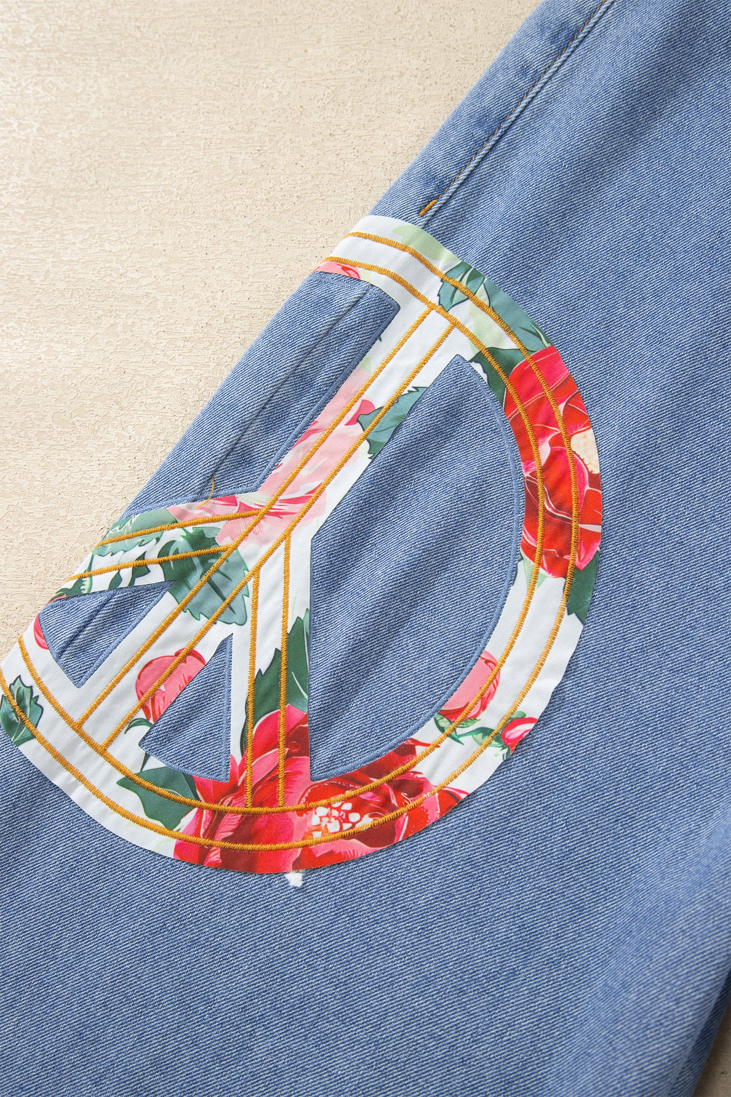 Blue Floral Peace Sign Embroidered Patch Wide Leg Jeans | Boho Denim | UK 4-14