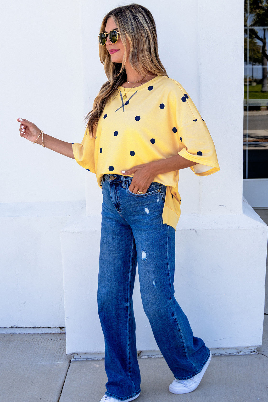 Women's Polka Dot Oversized Tee Crossed Seam Detail Yellow Sky Blue S-XL