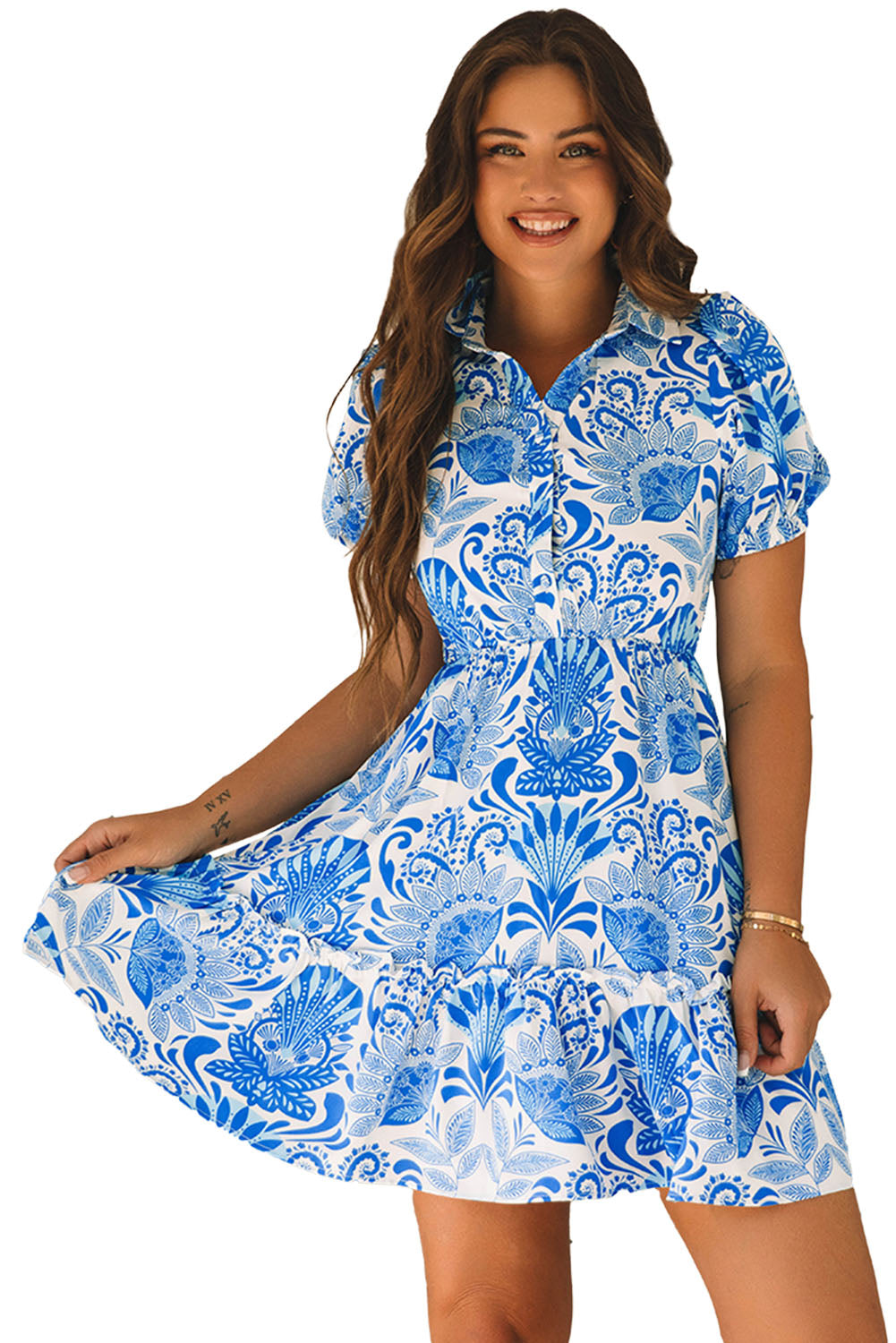 Women's Sky Blue Retro Floral Print Drawstring Waist Ruffled Mini Dress at LivelyLooks