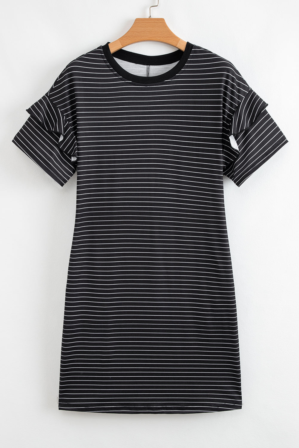 Women's Green Stripe Ruffled Short Sleeve Crew Neck Shift Mini Dress at LivelyLooks