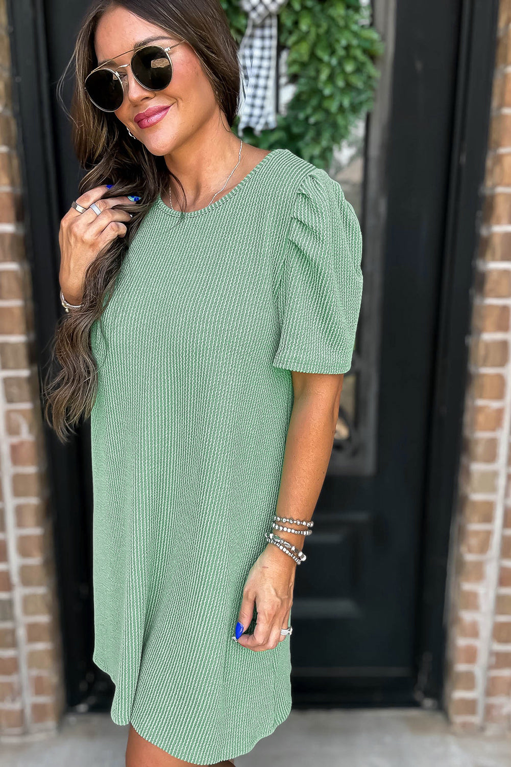 Corded Knit Crew Neck Puff Sleeve Shift Mini Dress S-XL