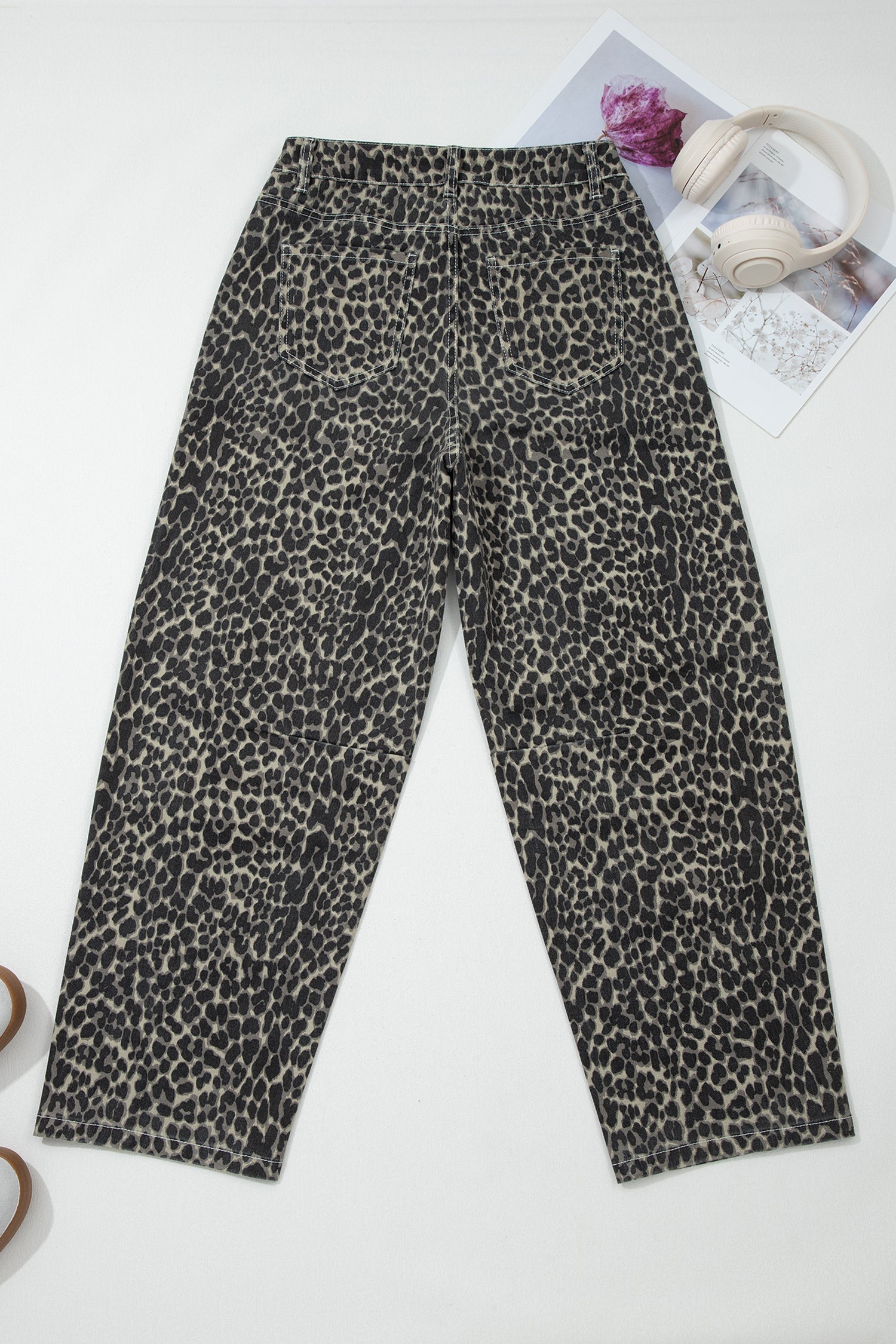 Shop Black Leopard Print High Waist Barrel Jeans UK 8-20 at LivelyLooks