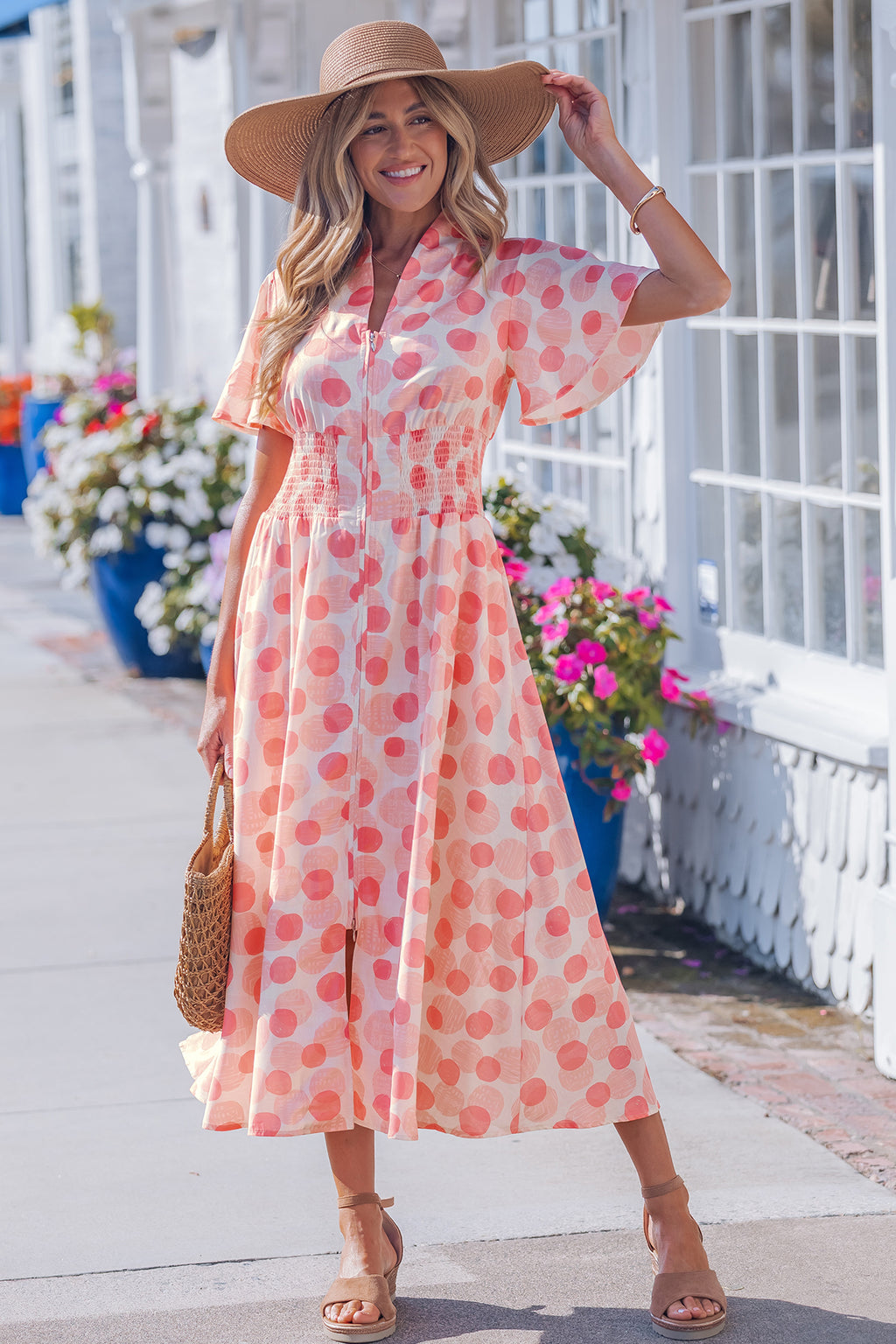 Women's Pink Polka Dot Ruffle Short Sleeve Zip-Up Maxi Dress at LivelyLooks