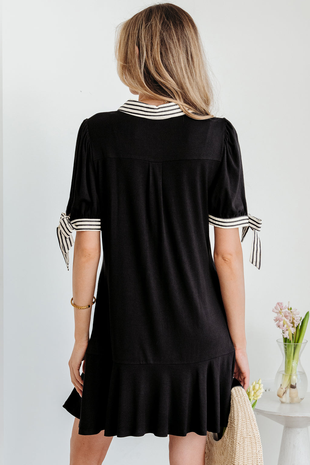 Black Stripe Polo Collar Half Button Tied Short Sleeve Mini Dress S-XL