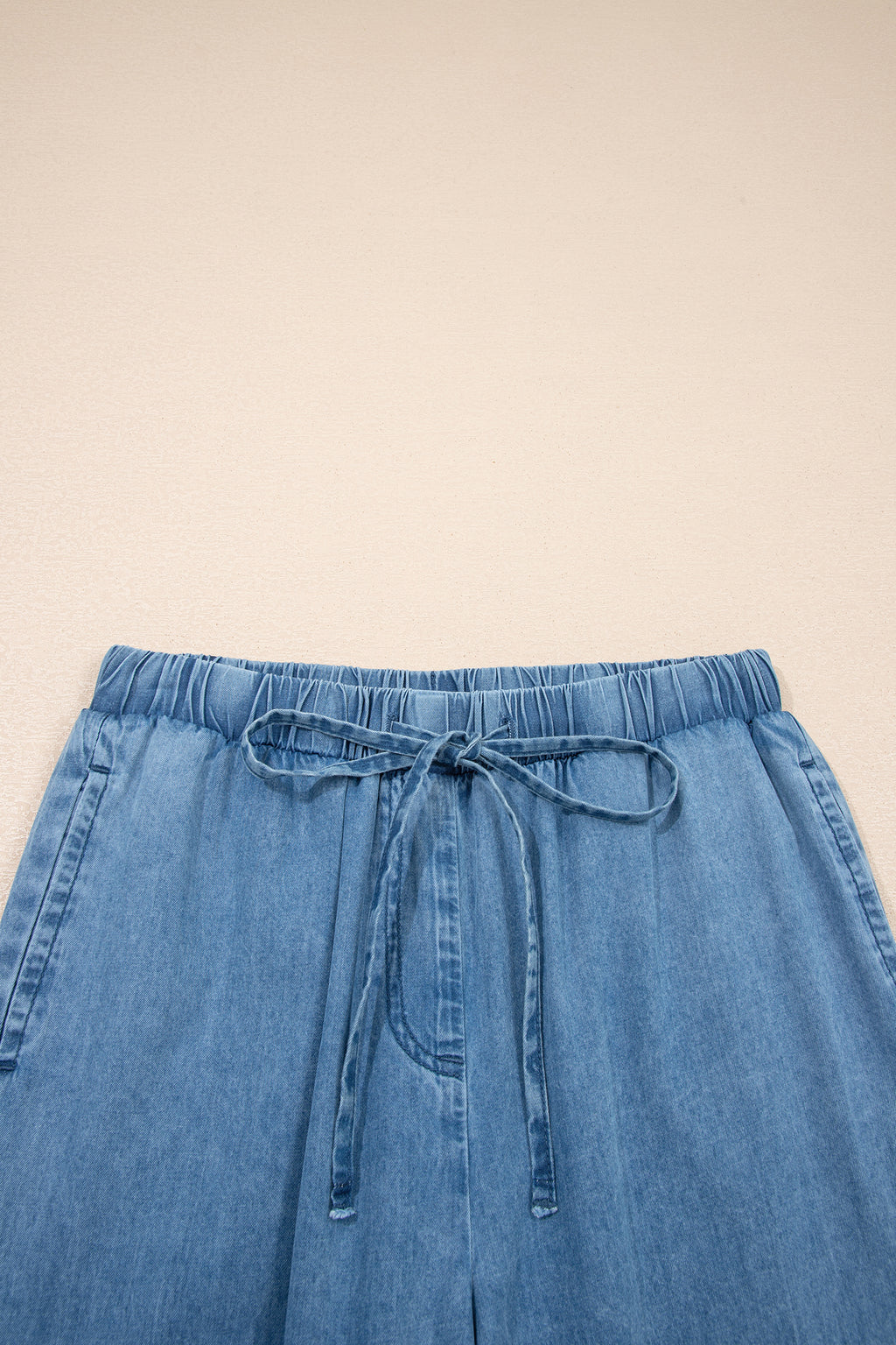 Shop Dusk Blue Ruffled Hem Wide Leg Chambray Trousers UK 8-20 at LivelyLooks