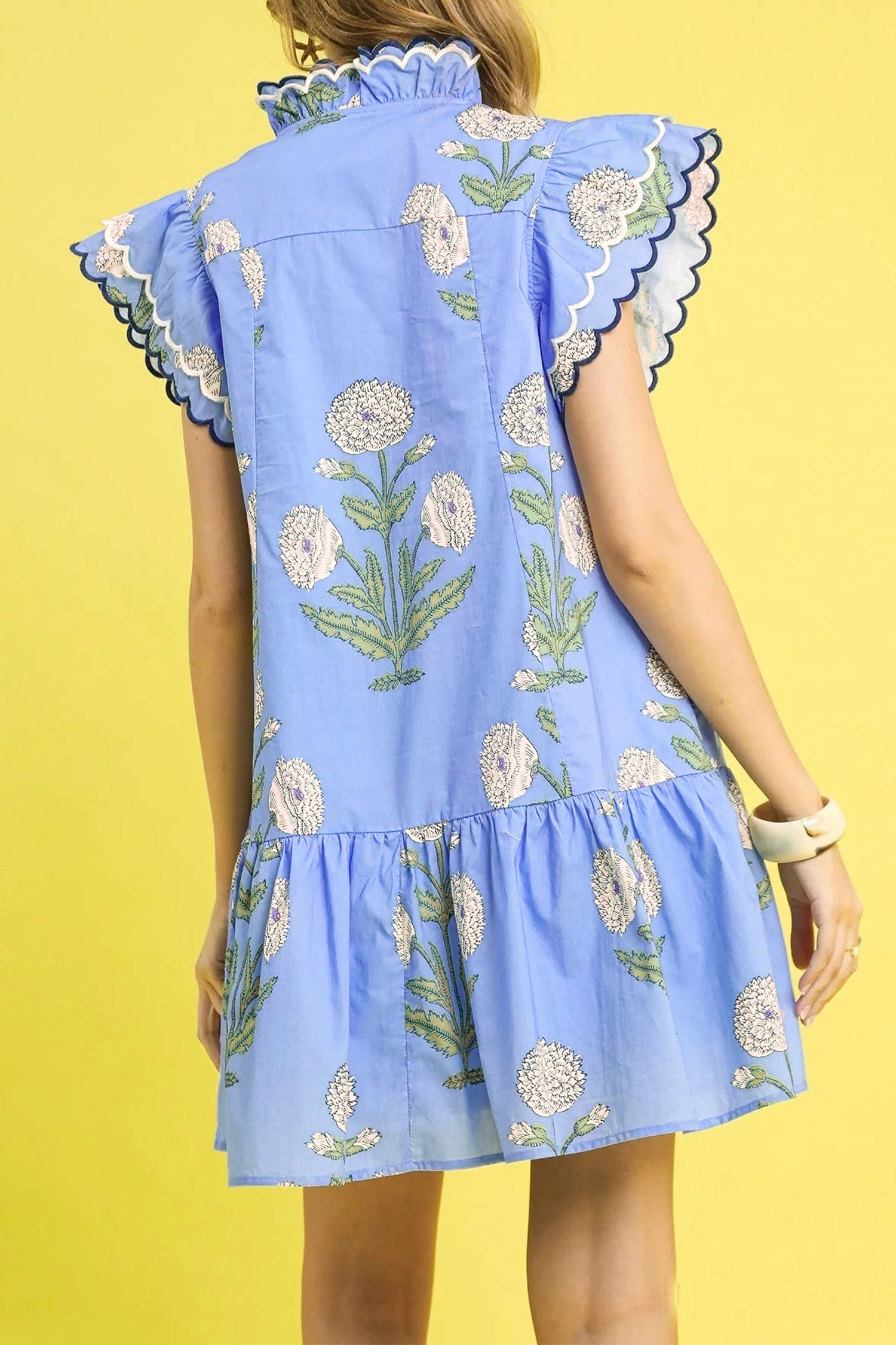 Wild Floral Mini Dress Scalloped Embroidery Trim V Neck Drop Waist White Sky Blue S-XL