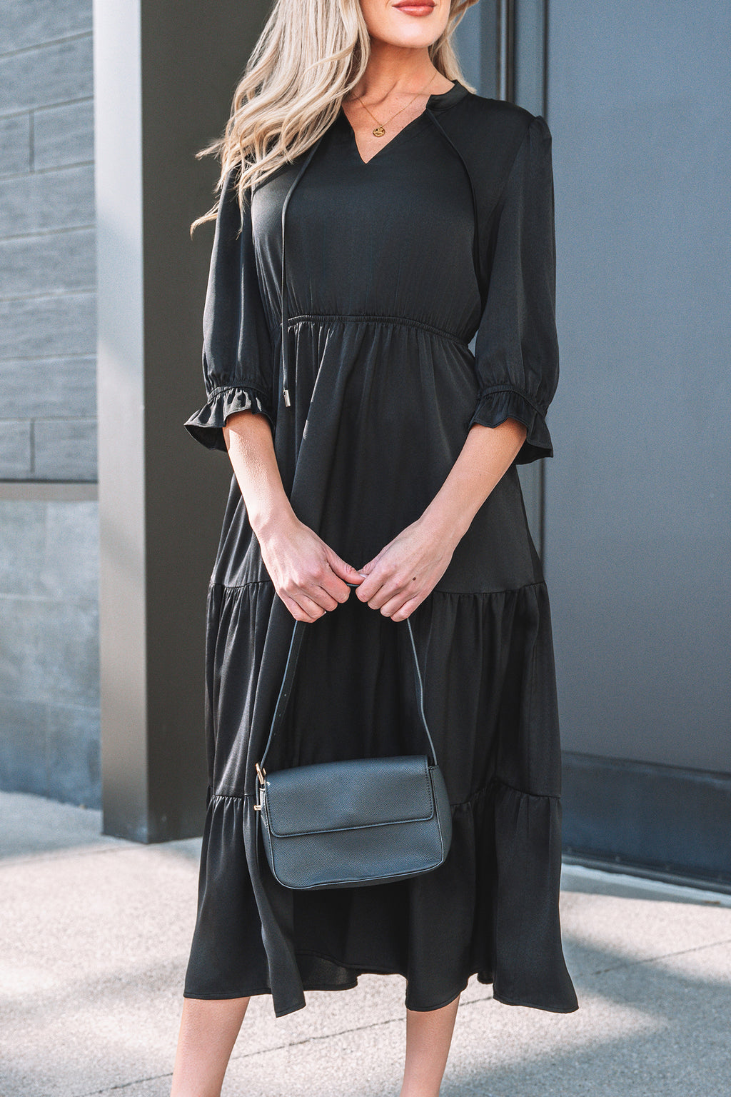 Black Tiered Maxi Dress Flounced Bracelet Sleeve V Neck Women S-XL