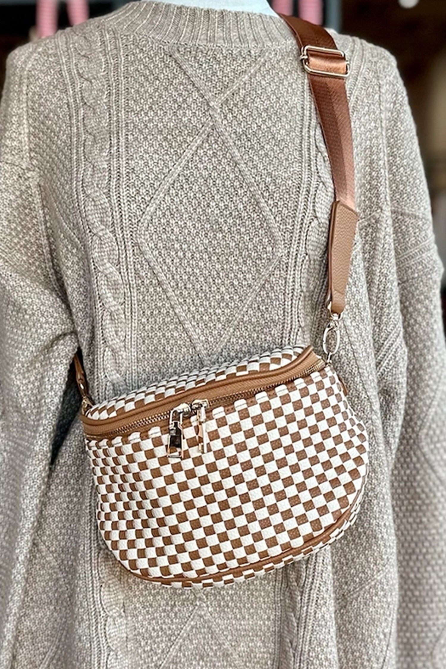Women's Checkerboard Woven Zip Crossbody Bag at LivelyLooks