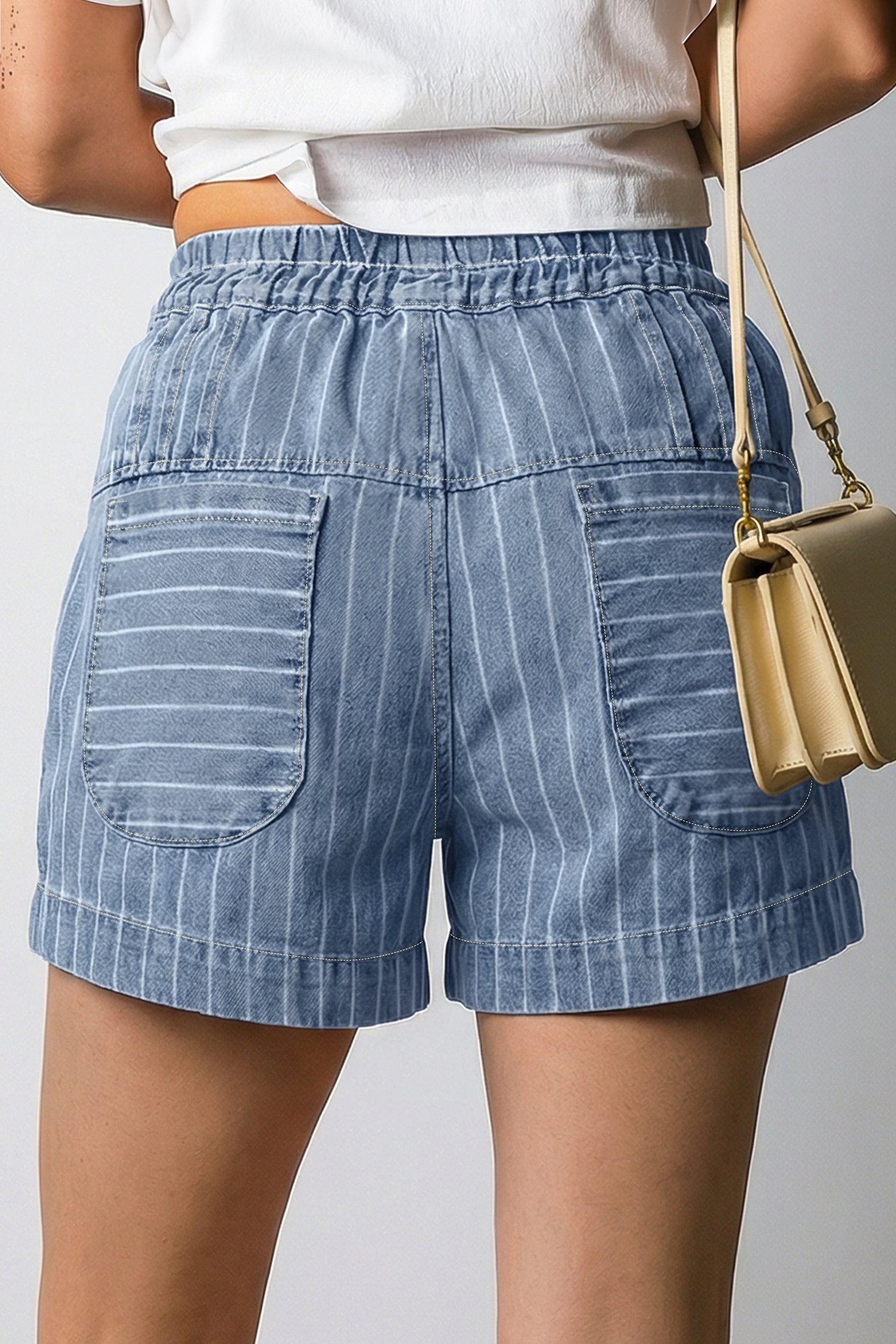 Sky Blue Stripe Denim Shorts Drawstring Button Pleated High Waist Women UK 4-16