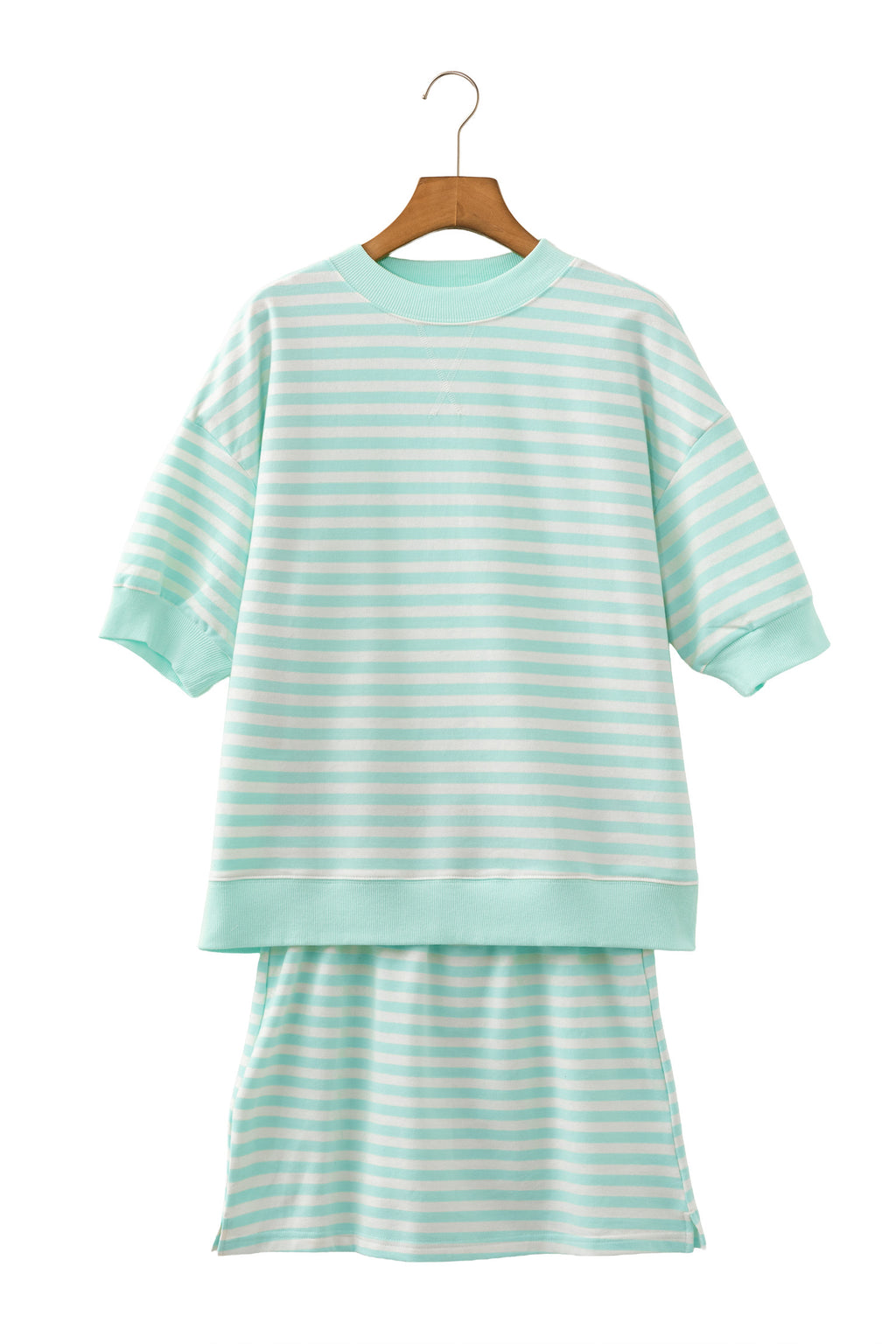 Green Stripe Ribbed Colour Block Half Sleeve Top & Mini Skort Set | UK 8–22
