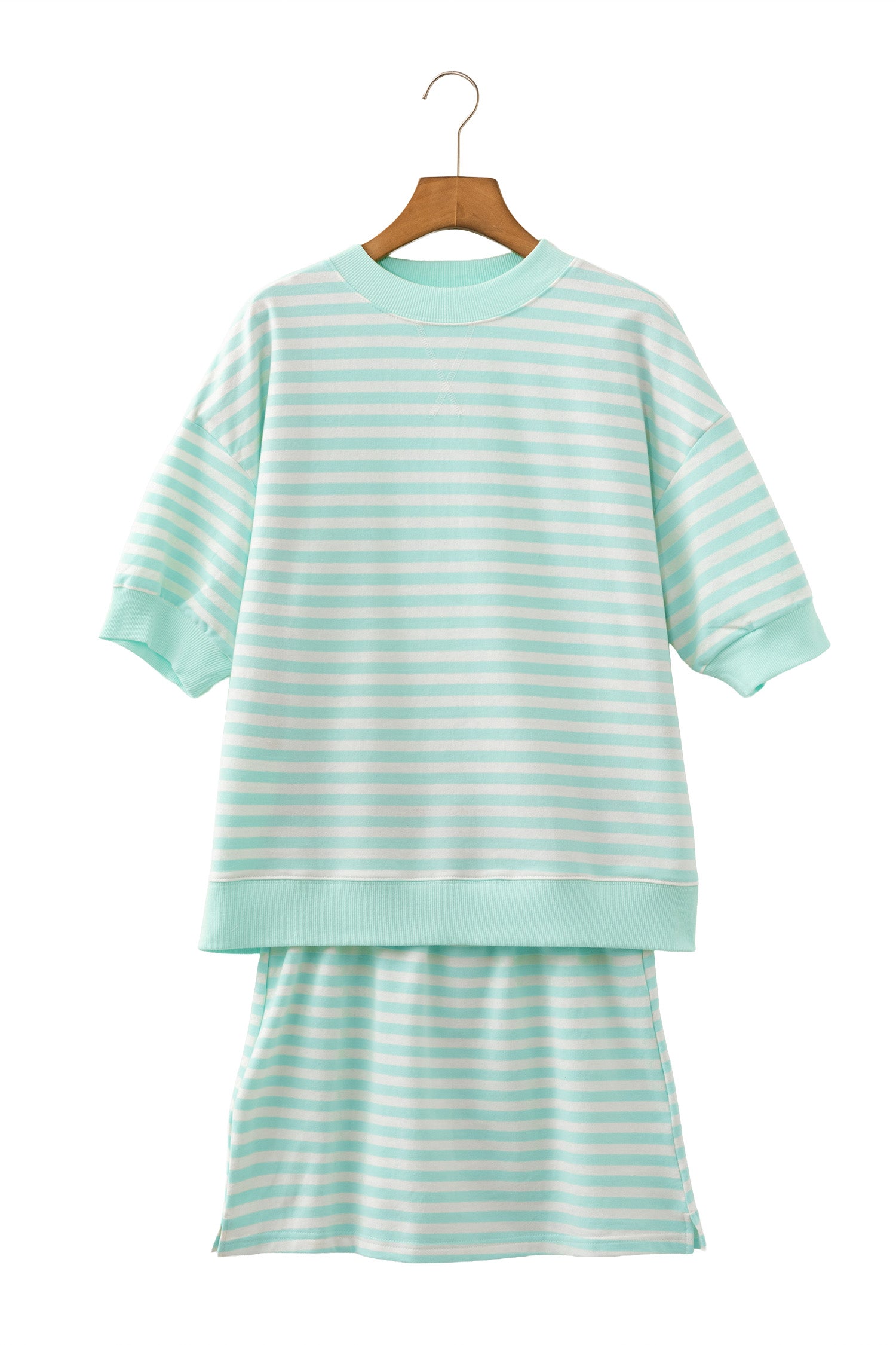 Green Stripe Ribbed Colour Block Half Sleeve Top & Mini Skort Set | UK 8–22
