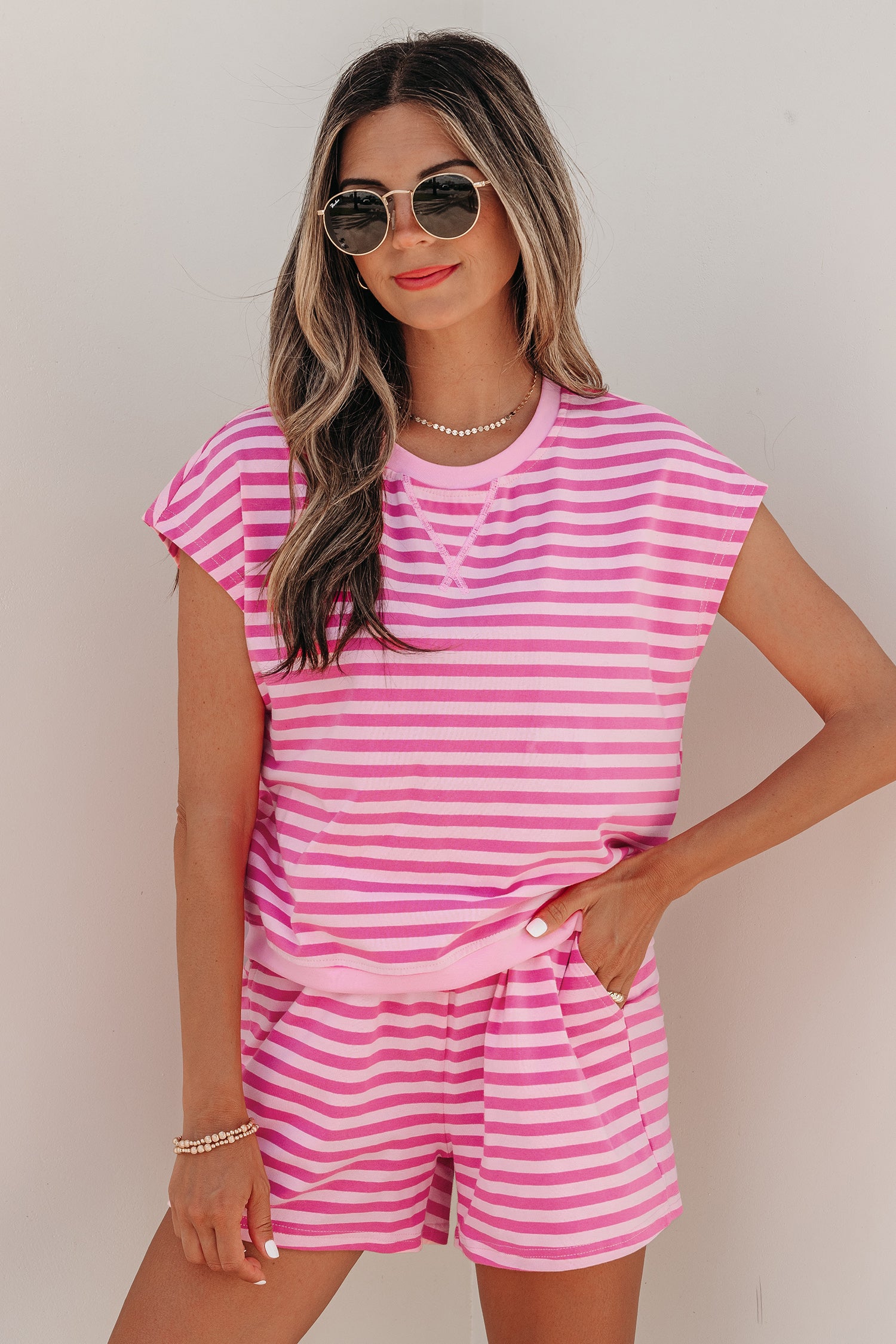 Pink Stripe Cap Sleeve Tee & Elastic Waist Shorts 2pcs Co-ord Outfit