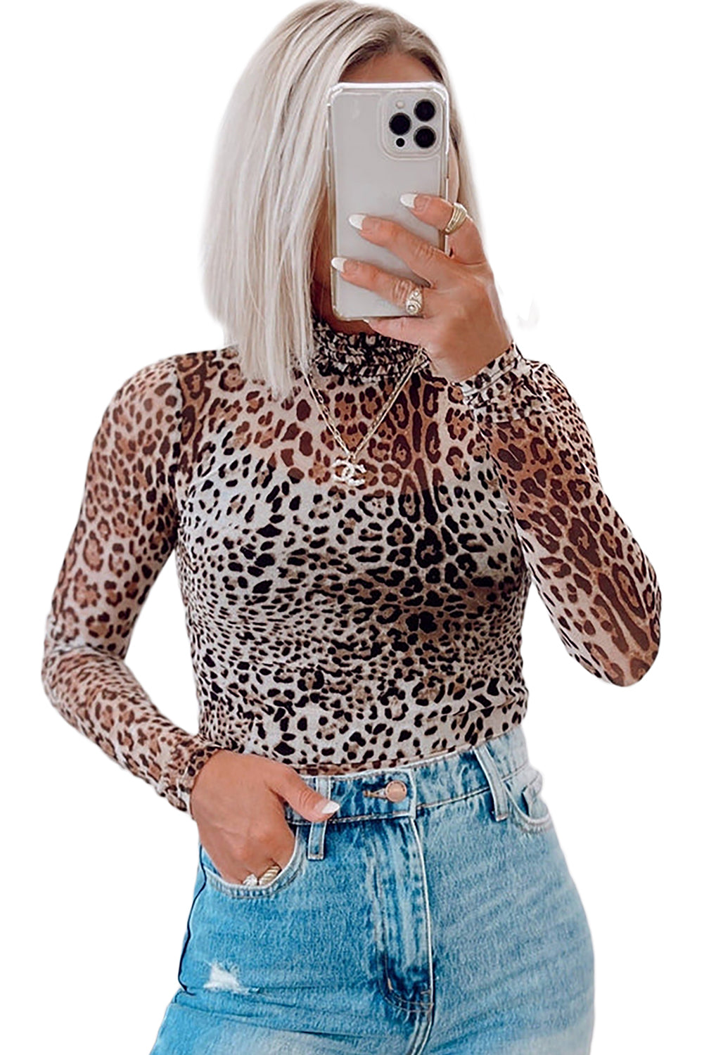 Brown Leopard Print Bodysuit Smocked Neck Mesh Long Sleeve Women S-XL