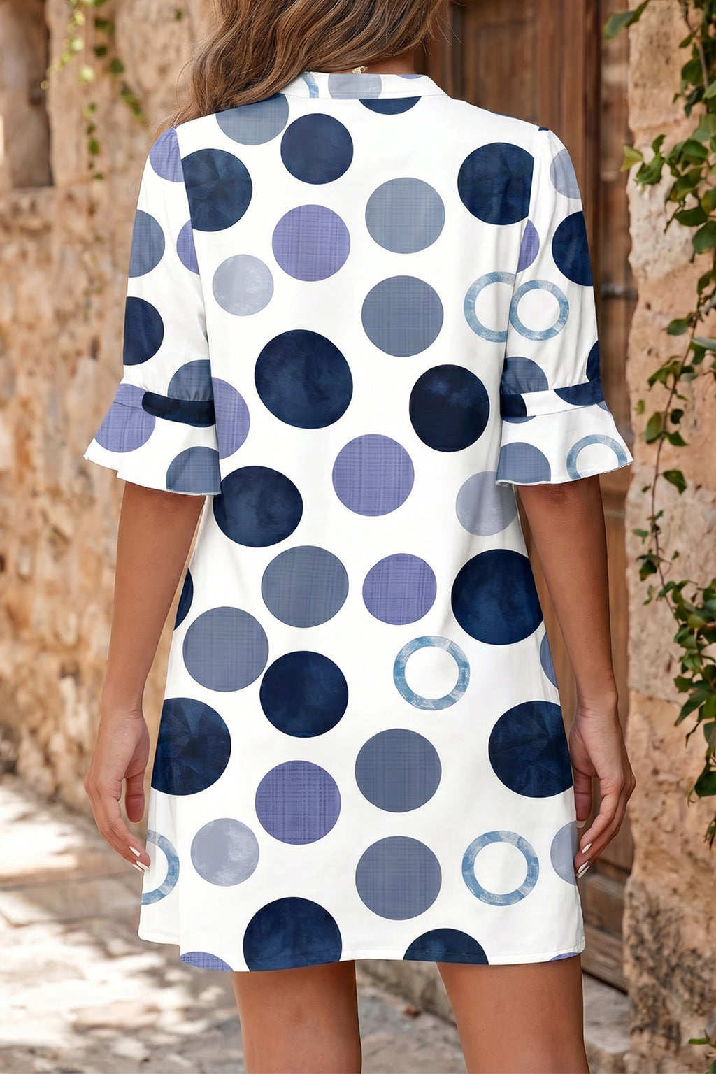 Polka Dot Flounced Half Sleeve V-Neck Mini Dress | Blue & Green | Sizes 8-22