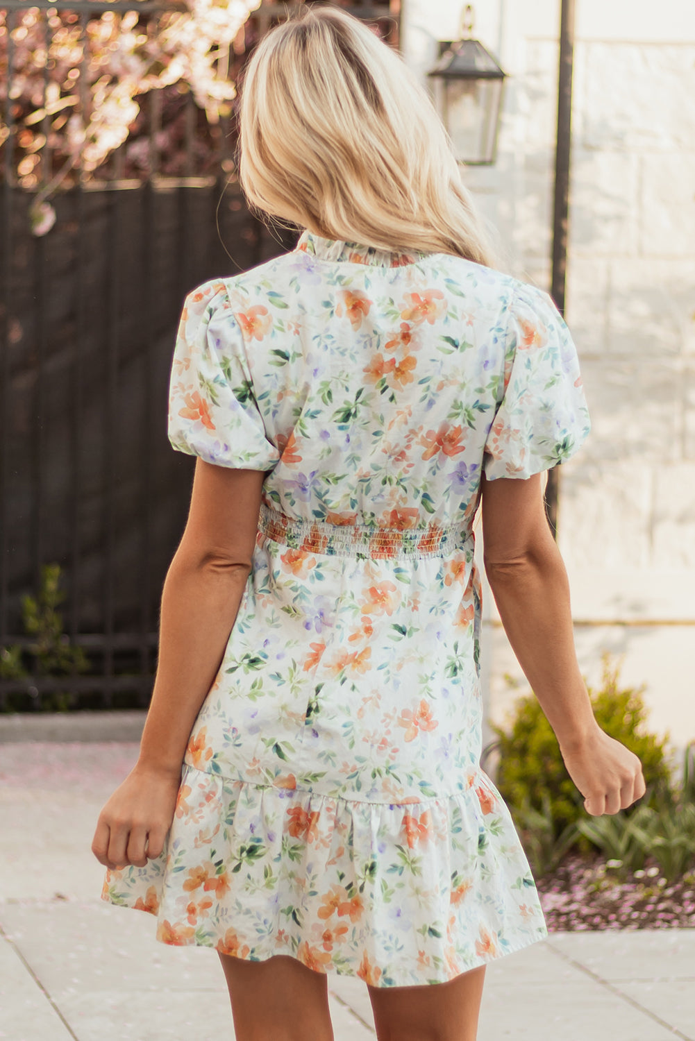 Beige Floral Shirred High Waist Puff Sleeve Mini Dress S-XL