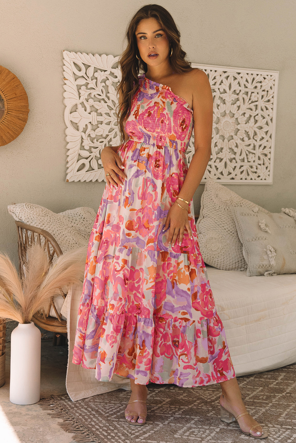 LivelyLooks Pink Abstract Floral Shirred One-Shoulder Maxi Dress women's fashion
