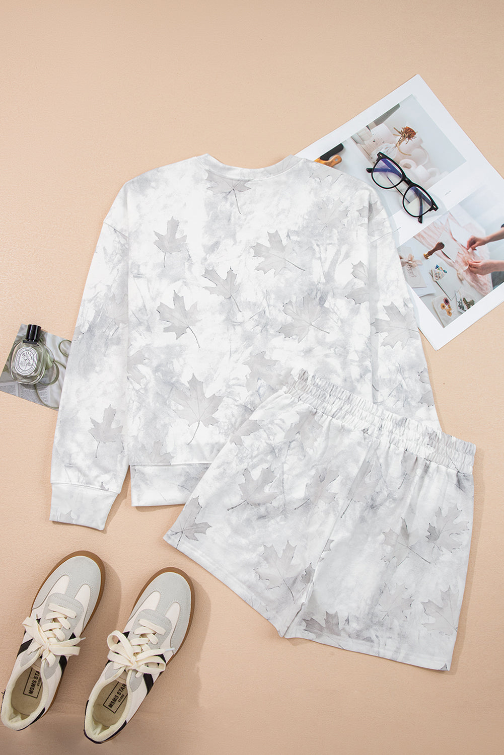 Shop Beige Maple Camo Print Pullover Top & Elastic Waist Shorts Set S-XL at LivelyLooks