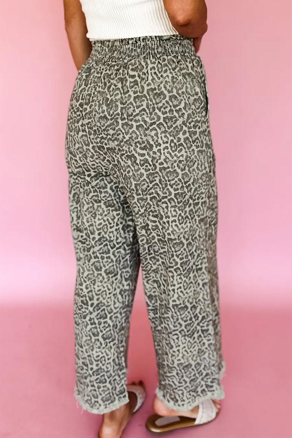 Brown Leopard Print Raw Hem Elastic Waist Wide Leg Jeans