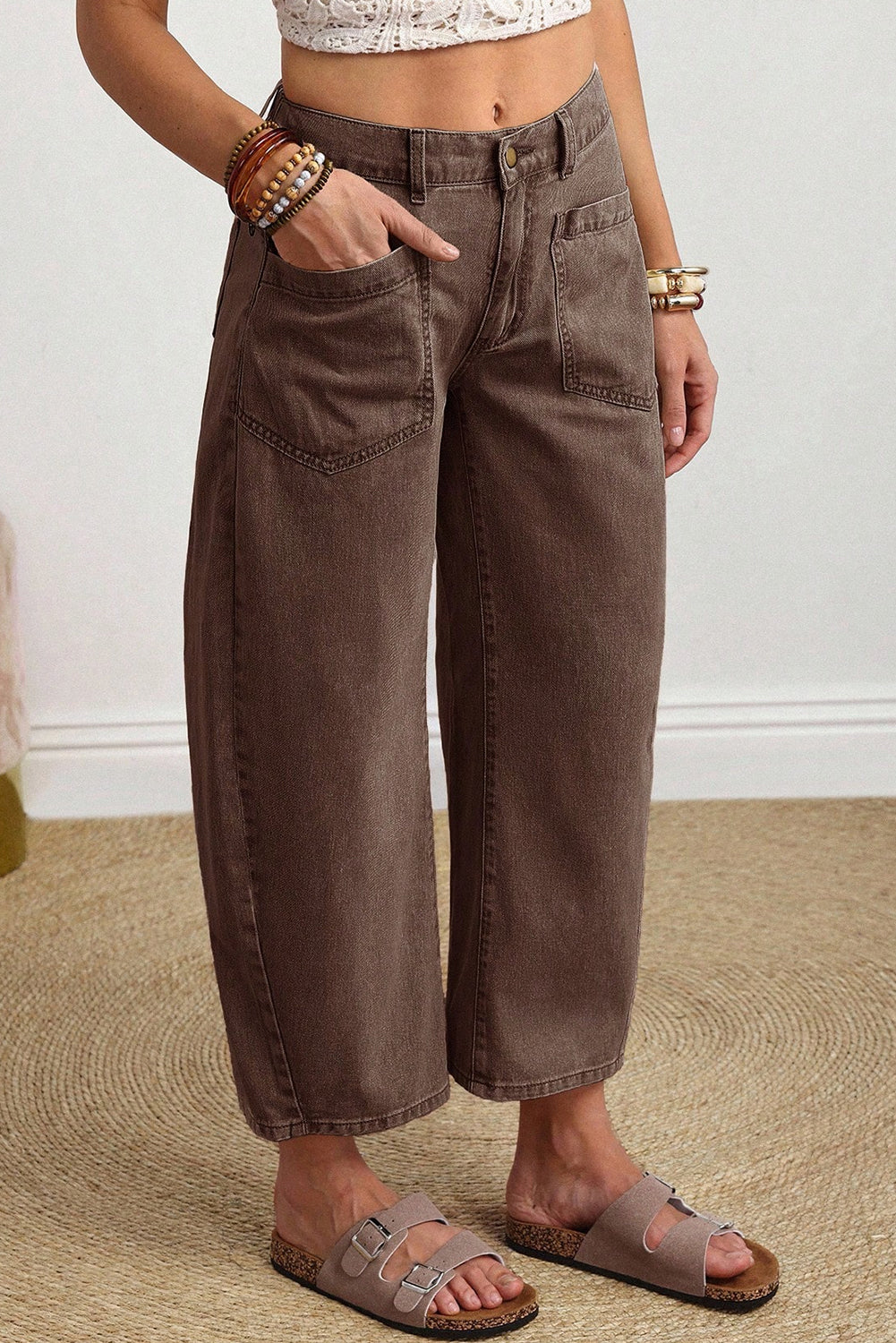 Shop Brown Barrel Leg Jeans Square Patch Pocket Ankle Length UK 4-16 at LivelyLooks