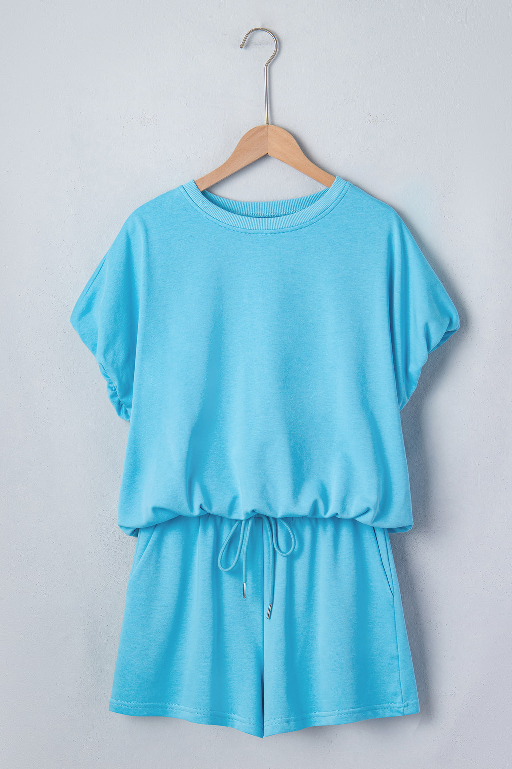 Puffy Loose Top & Drawstring Shorts Set – Smoke Grey & Light Blue
