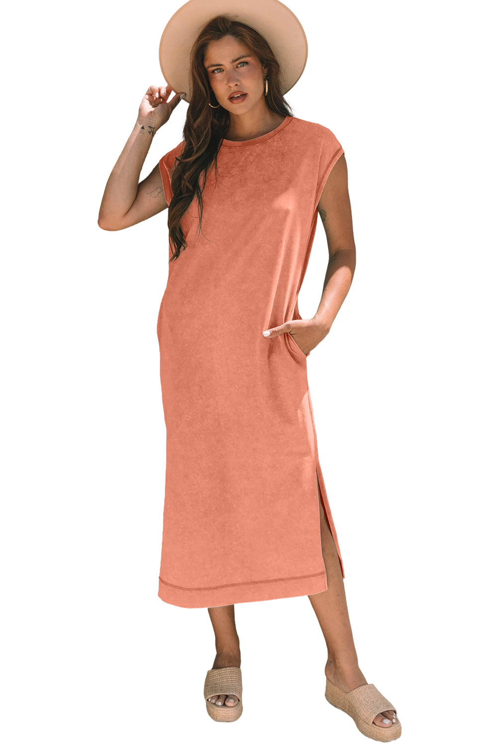 Wisteria Orange Aqua Mineral Wash Pocketed T-Shirt Long Dress S-XL