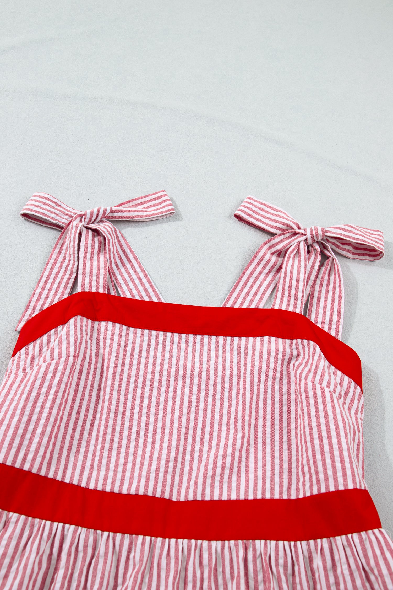 Women's Red Stripe Bow Knot Straps Contrast Trim High Waist Ruffle Maxi Dress at LivelyLooks