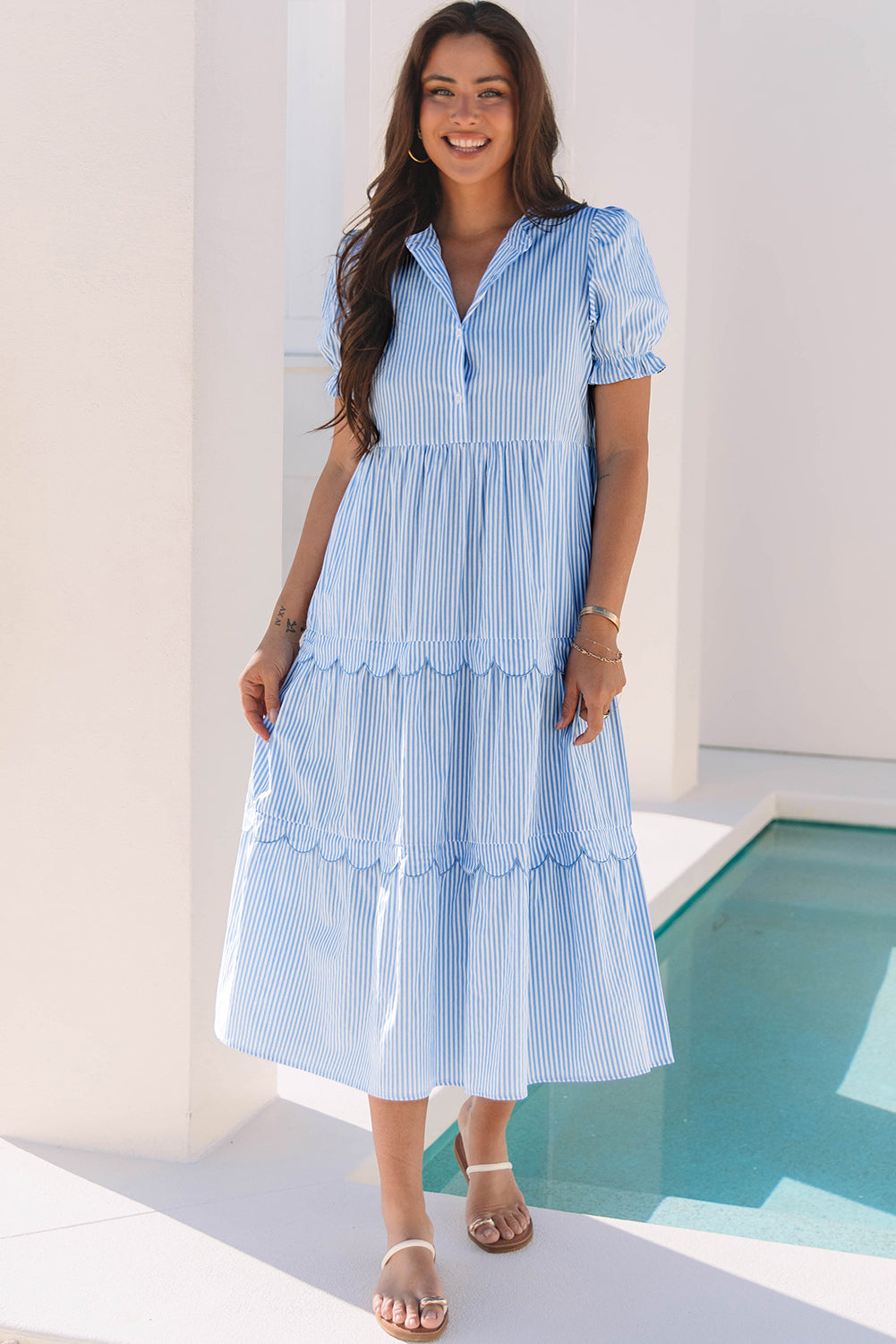 LivelyLooks Women's Blue Stripe Bubble Sleeve Tiered Scallop Maxi Dress S-XL women's fashion