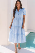 LivelyLooks Women's Blue Stripe Bubble Sleeve Tiered Scallop Maxi Dress S-XL women's fashion