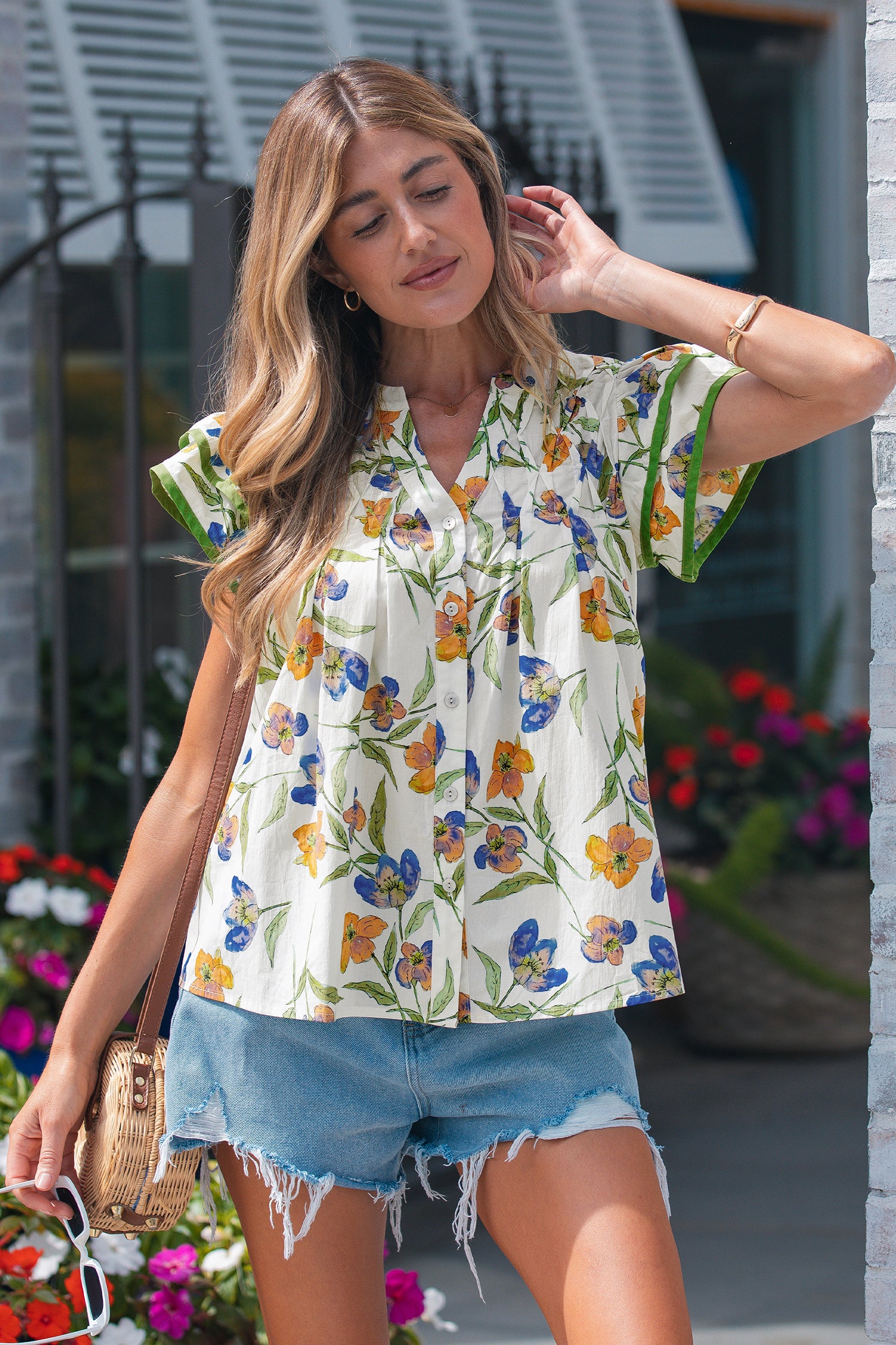 Women's Green Floral Ruffle V-Neck Pressed Pleats Cotton Blouse at LivelyLooks