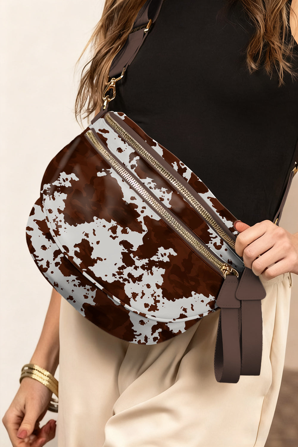 Women's Cow Print Double Zip Crescent Crossbody Bag at LivelyLooks