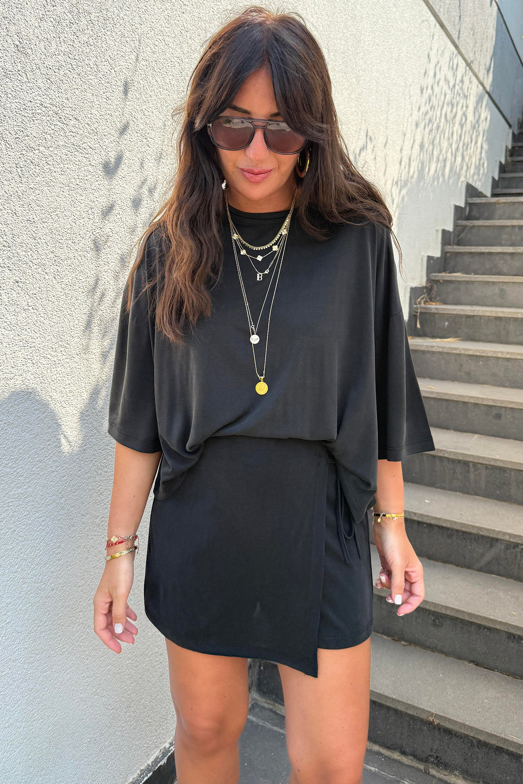 Oversized Tee & Tie Wrap Mini Skort 2pcs Set | Black & Laurel Green