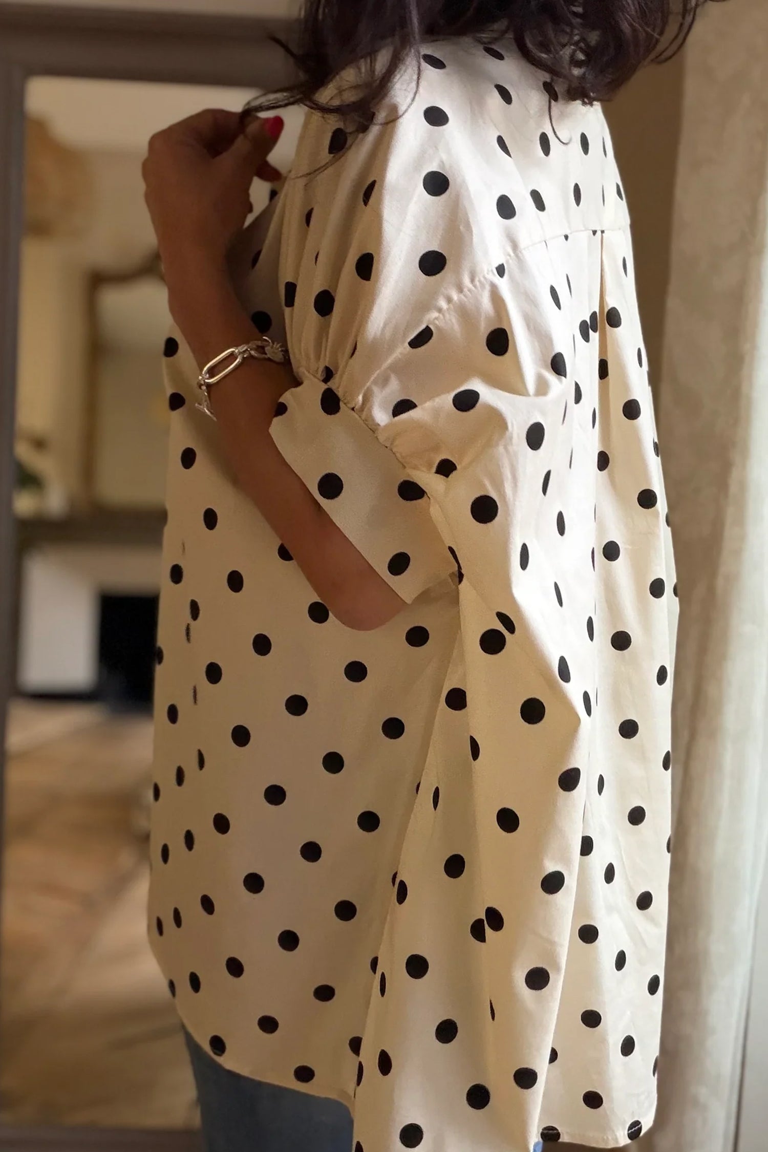 Beige Polka Dot Dolman Shirt Loose Fit Short Sleeve Rolled Cuff Women S-XL