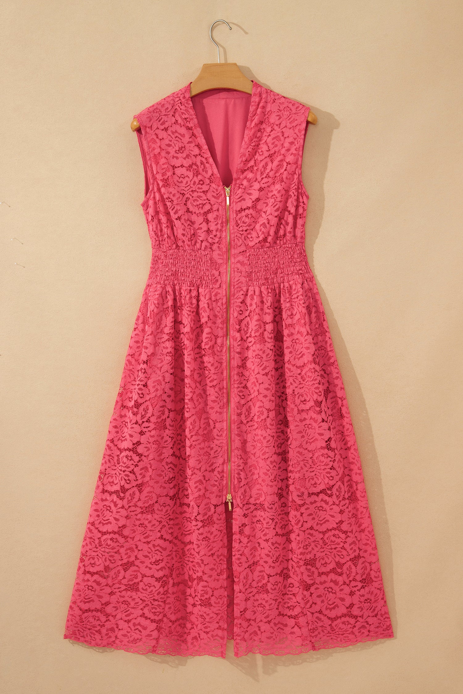 Women's Coral Floral Lace Overlay Smocked Waist V-Neck Sleeveless Maxi Dress S-XL at LivelyLooks