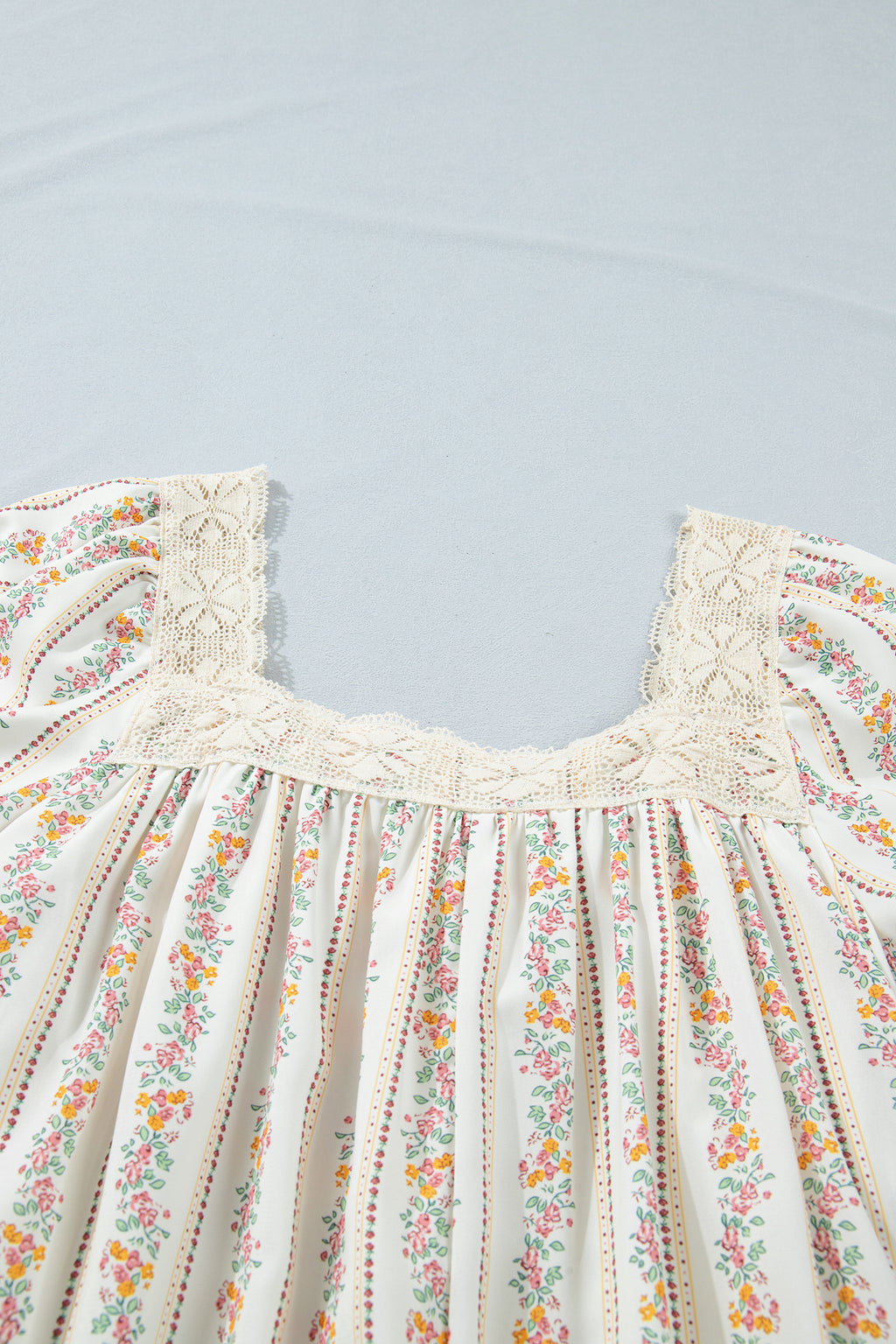 Multicolour Floral Ribbon Bow Lace Trim Square Neck Babydoll Mini Dress