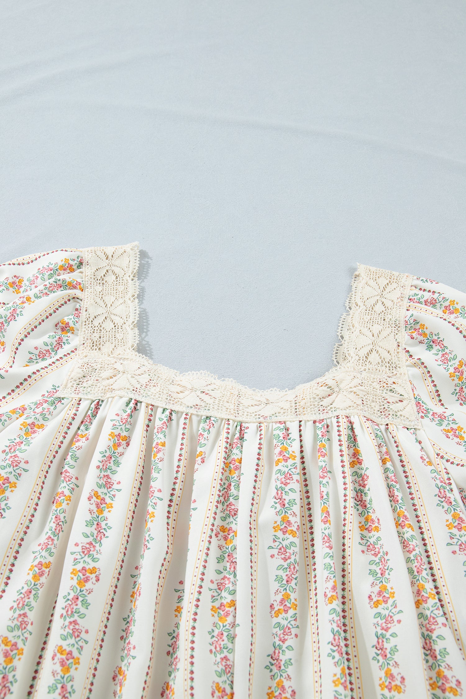 Multicolour Floral Ribbon Bow Lace Trim Square Neck Babydoll Mini Dress