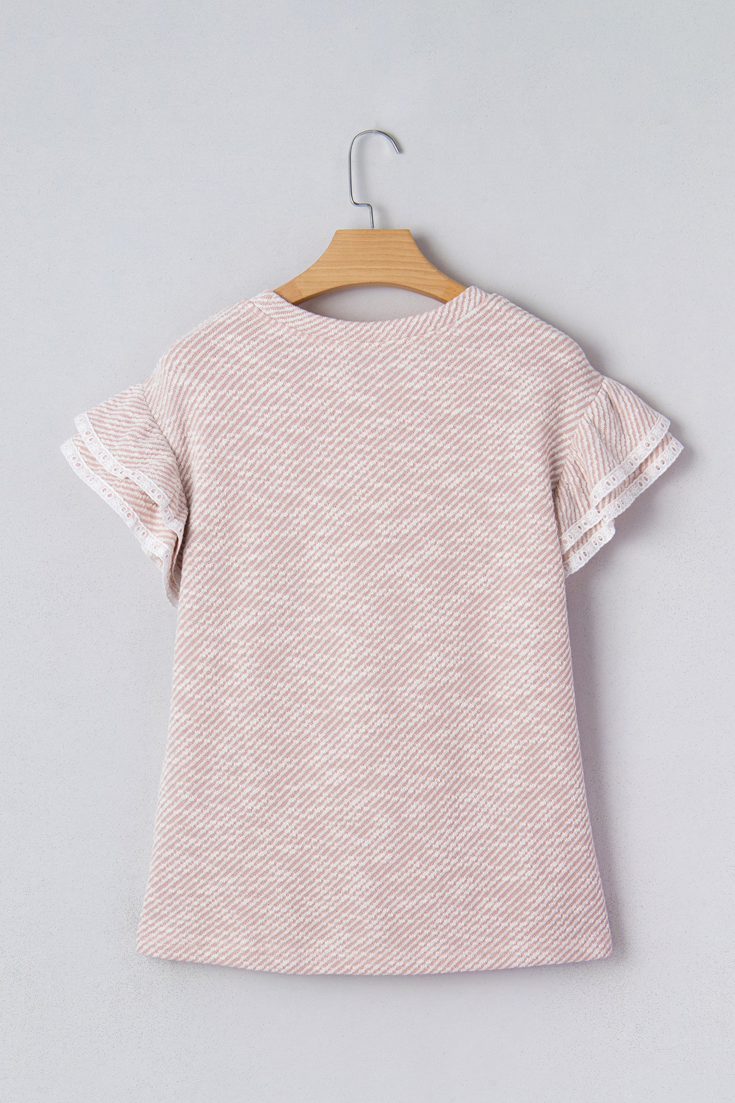 Women's Clearly Aqua Twilled Print Lace Trim Ruffled Short Sleeve Blouse at LivelyLooks