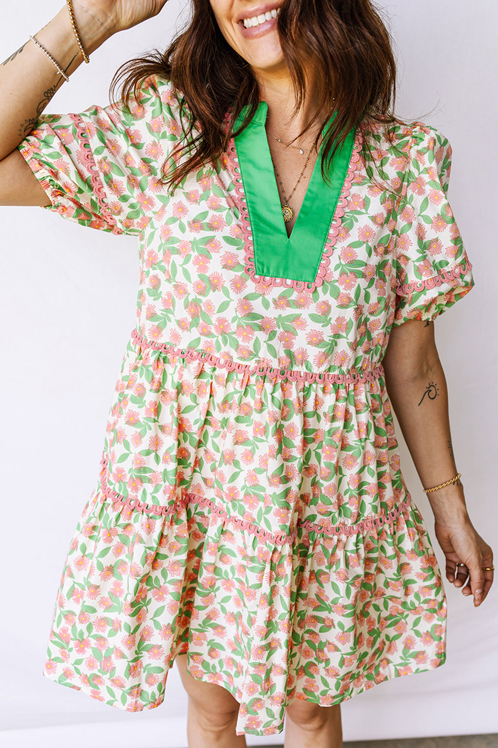 Women's Green Floral Ricrac Trim Babydoll Mini Dress Puff Sleeve V-Neck S-XL at LivelyLooks