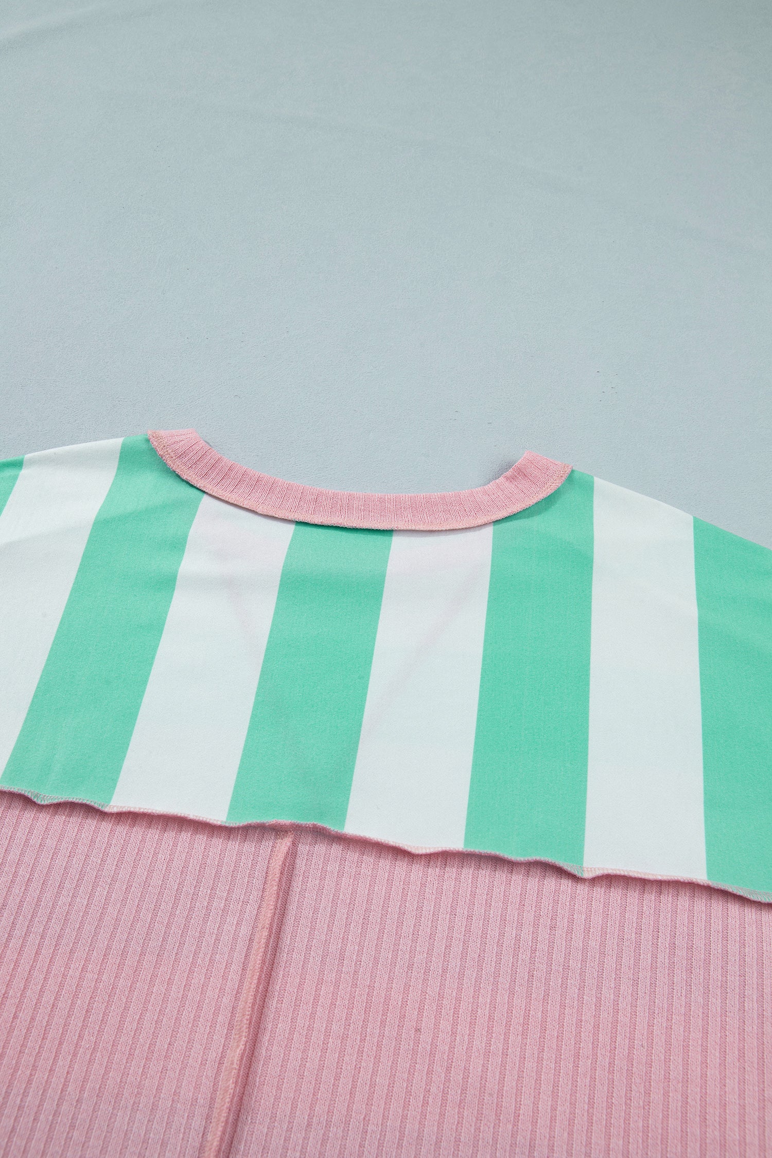 Stripe Colourblock Ribbed Patchwork Exposed Seam Oversized Tee | Pink & Green
