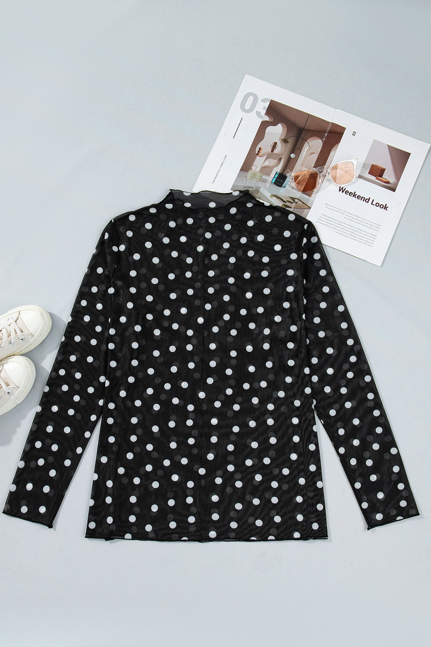 Women's Black Plus Size Polka Dot Mock Neck Long Sleeve Mesh Top at LivelyLooks
