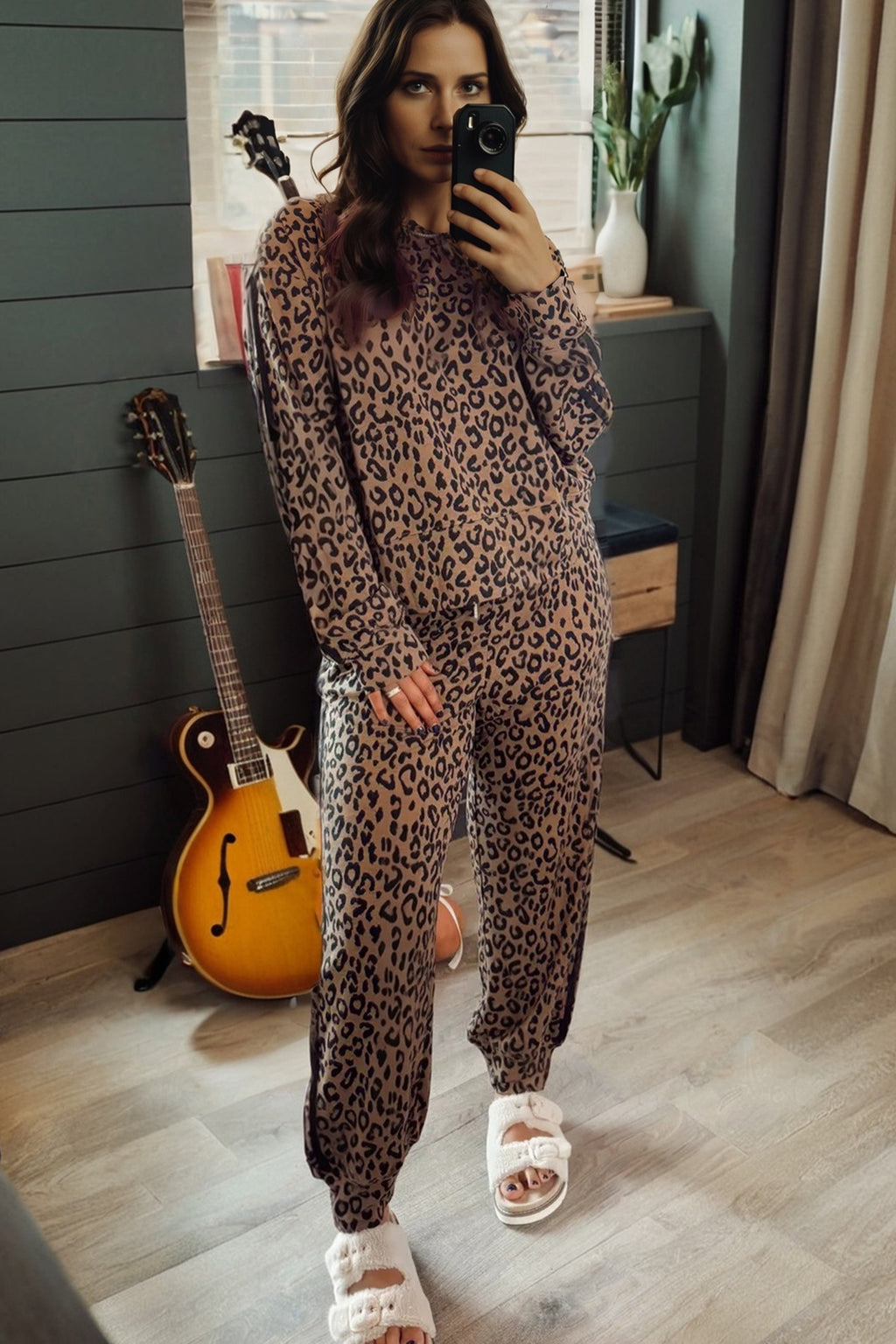 Brown Varsity Stripe Leopard Print Long Sleeve Top & Drawstring Trouser Set