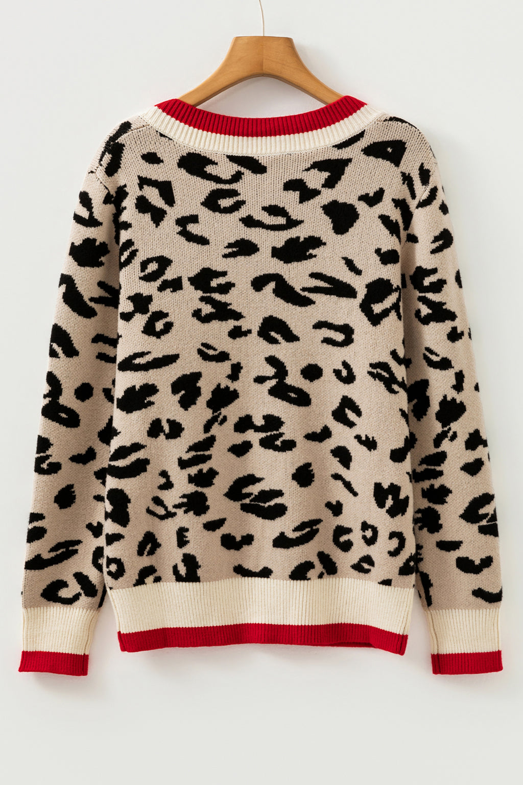 Khaki Leopard V-Neck Contrast Rib Knit Sweater | Sizes 8-22