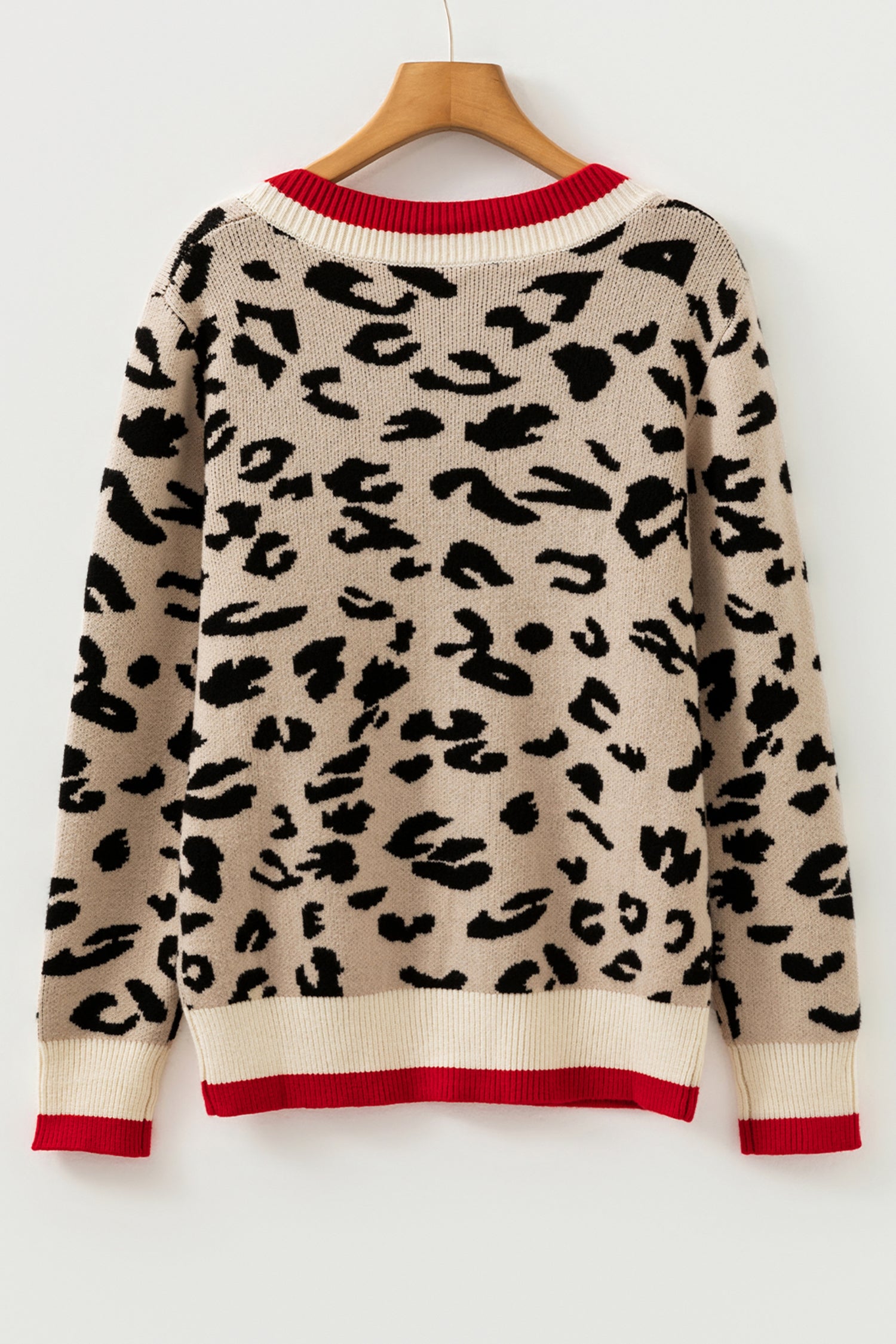 Khaki Leopard V-Neck Contrast Rib Knit Sweater | Sizes 8-22