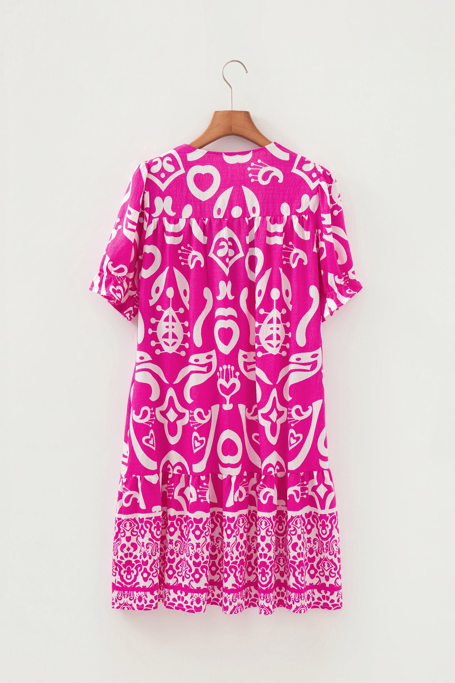 Rose Boho Mixed Print Flared Dress Contrast Trim V Neck Short Sleeve Women S-XL
