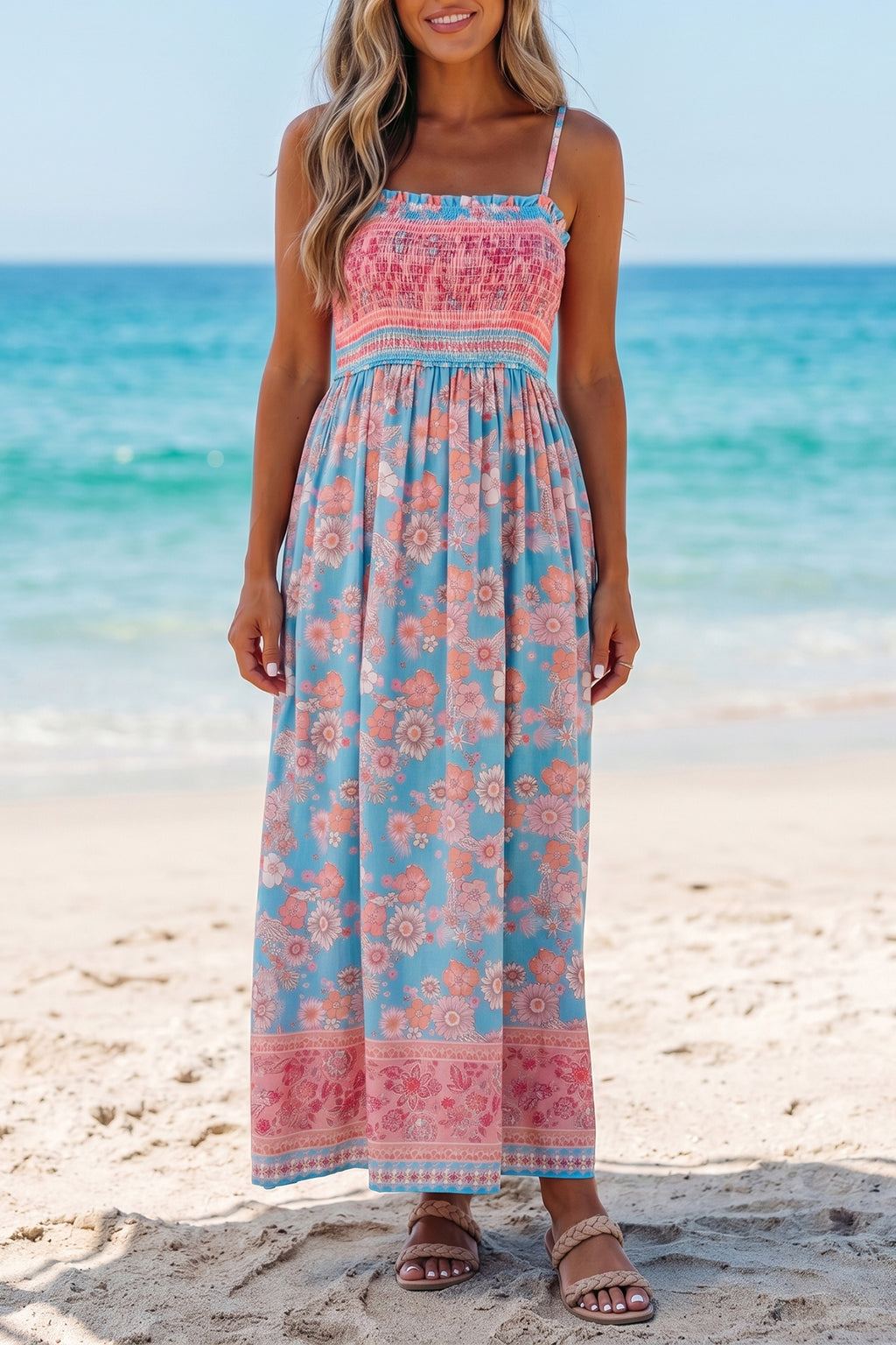 Sky Blue Bohemian Ethnic Print Spaghetti Strap Vacation Maxi Dress S-XL