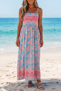 Sky Blue Bohemian Ethnic Print Spaghetti Strap Vacation Maxi Dress S-XL