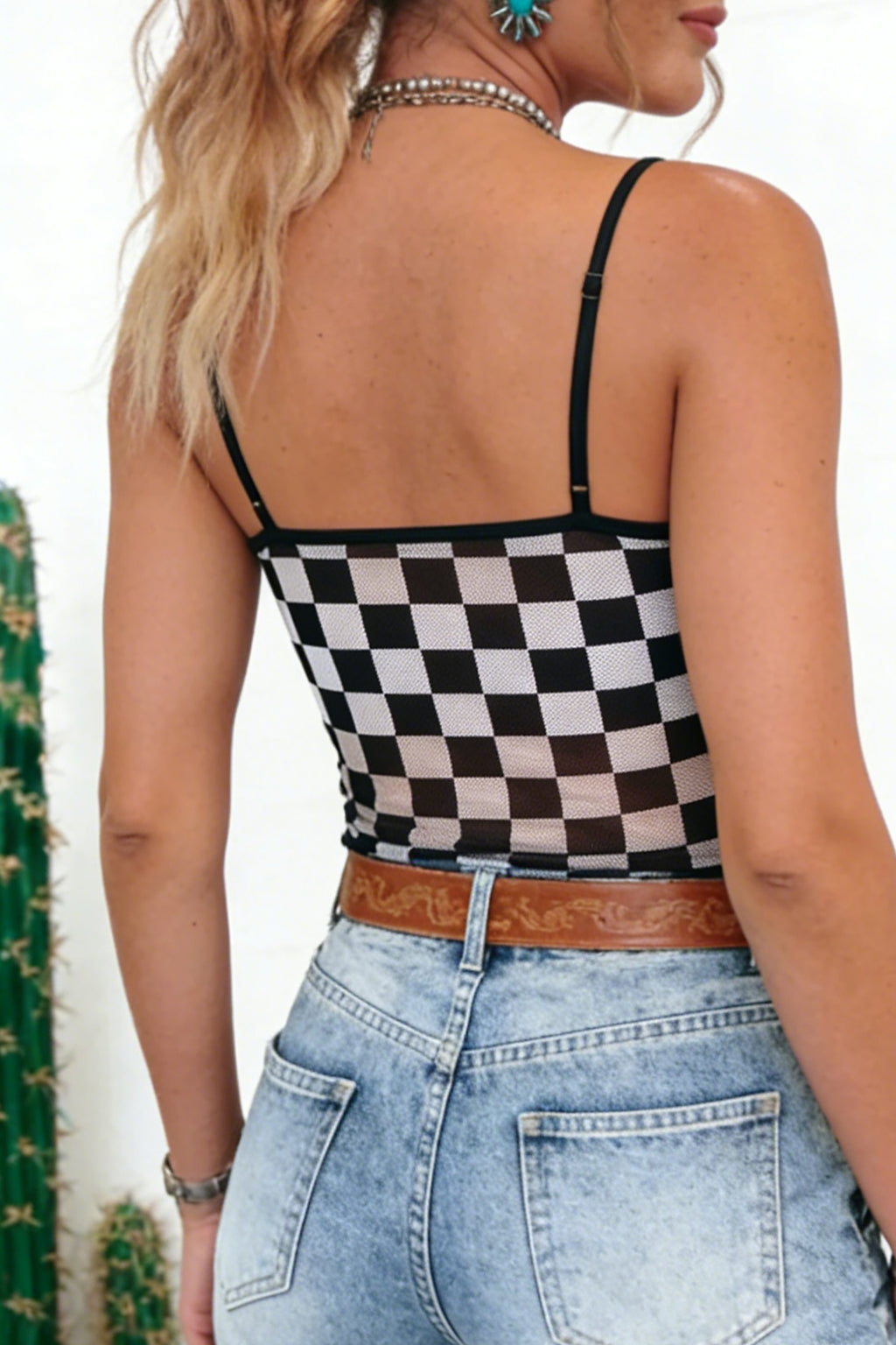 Black Sheer Checkered Print Spaghetti Strap Slim Tank Top
