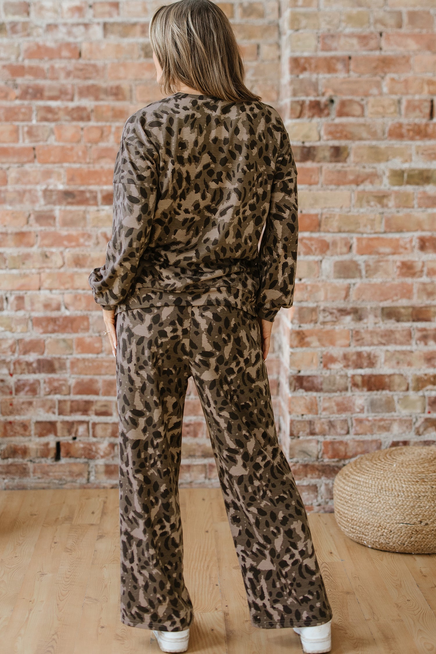 Leopard Print Raw Seam Pullover & Wide Leg Pant Set | Brown & Grey